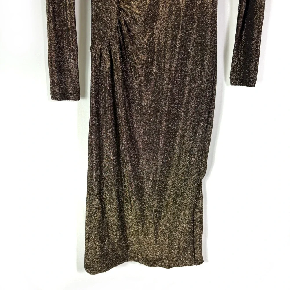 Ramy Brook Amarilys Dress Metallic Gold Shimmer Mock Neck Ruched Midi Sz L - Picture 11 of 15